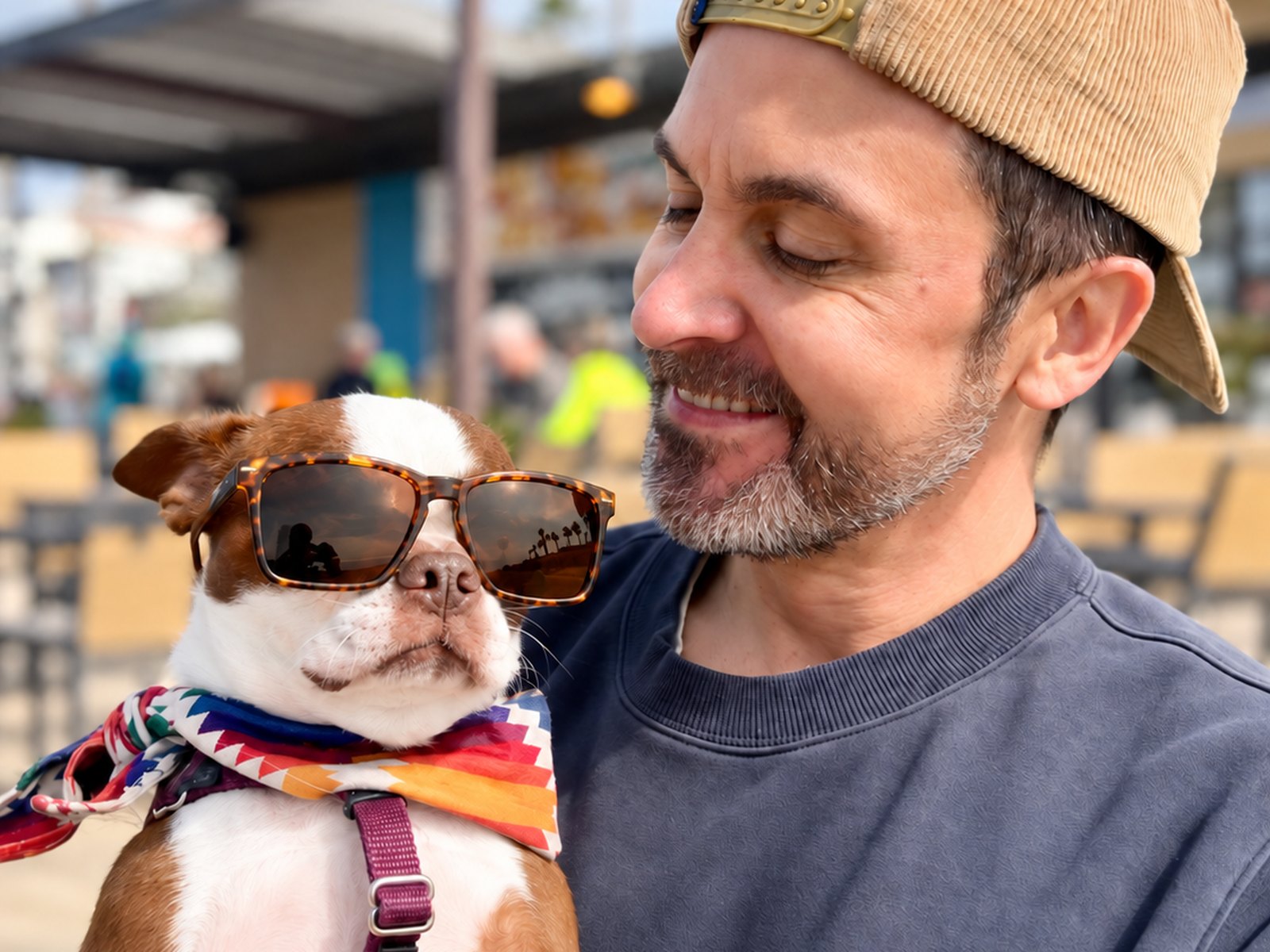 Brandon holding Izzy, his Boston Terrier, in sunglasses